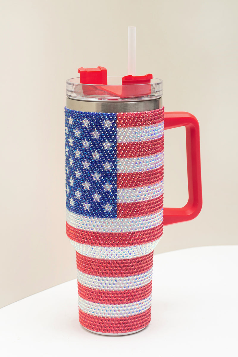 Red Rhinestone American Flag Print Handled 40oz Thermos Tumbler