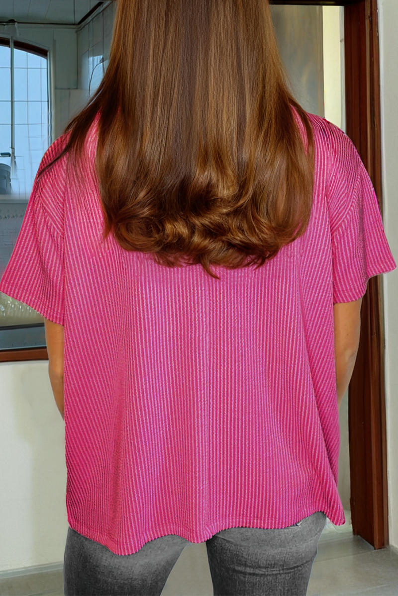 Pink Corded Knit Pocketed Loose Fit T Shirt