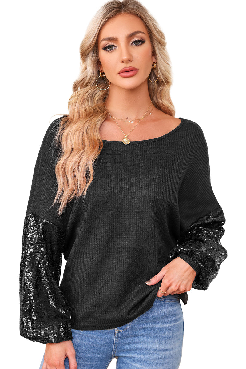 Black Sequin Patchwork Sleeve Open Back Waffle Knit Top