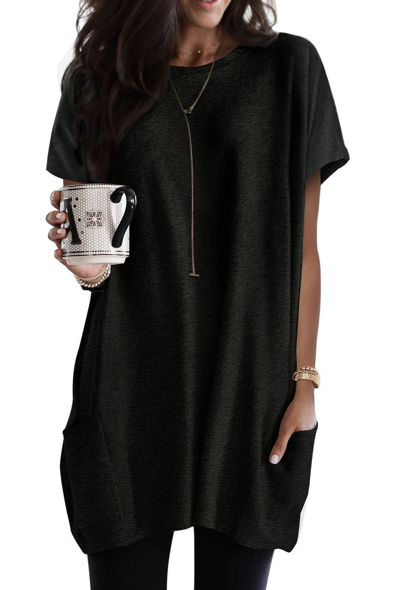 Black Side Pockets Short Sleeve Tunic Top