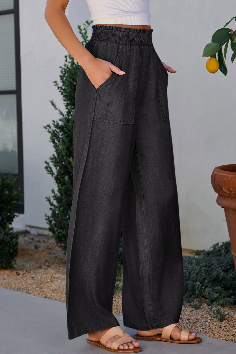 Black Side Pockets Frilled Smocked High Waist Wide Leg Jeans