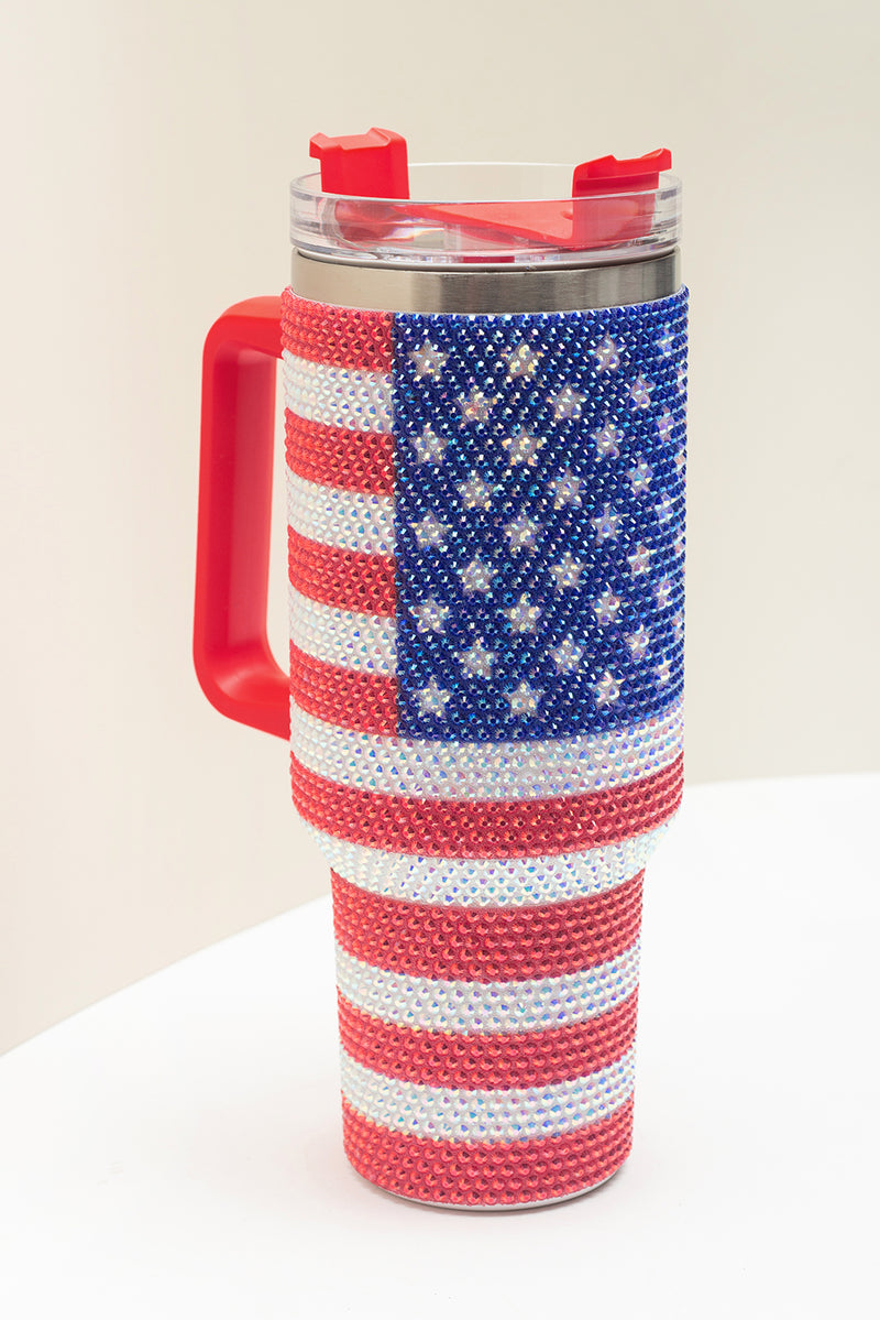 Red Rhinestone American Flag Print Handled 40oz Thermos Tumbler