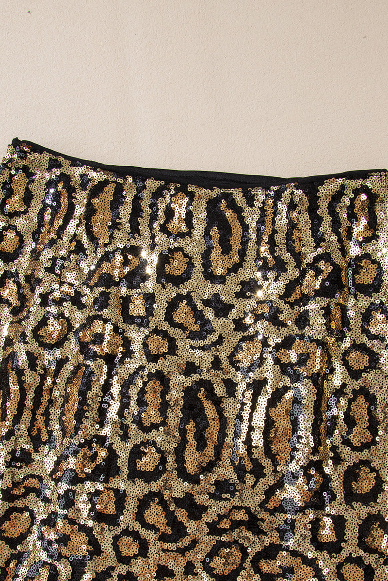 Brown Sequined Leopard Print Disco Mini Skirt