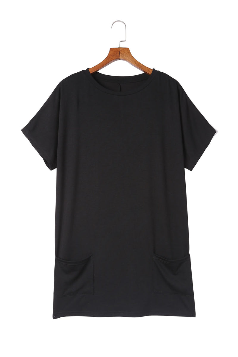 Black Side Pockets Short Sleeve Tunic Top