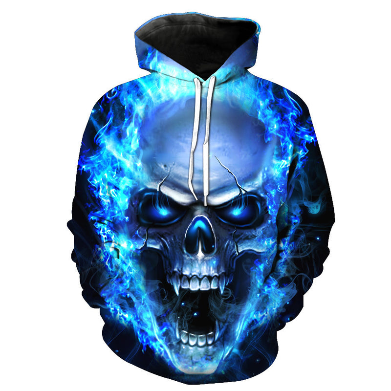 Blue Skull Printed Hood Pocket Pullover Sweater