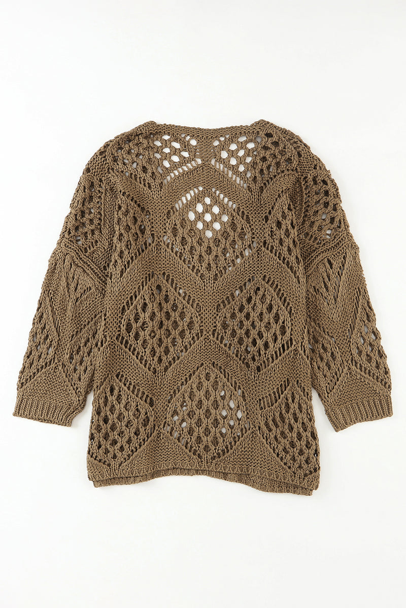 Khaki Hollowed Knit V Neck Dolman Sleeve Sweater