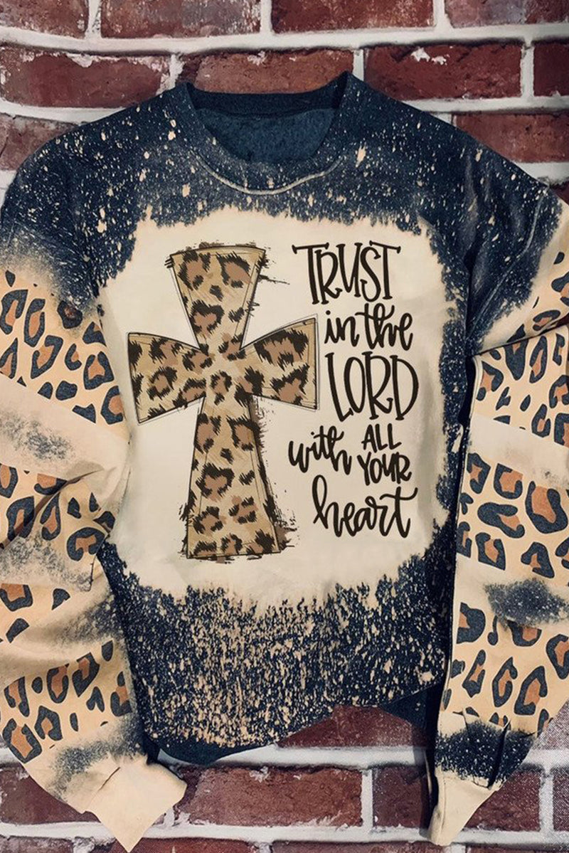 Black Faith Cross Leopard Insert Bleached Sweatshirt