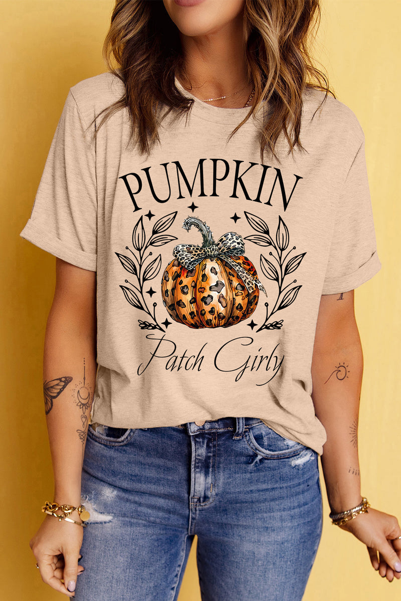 Khaki PUMPKIN Patch Girly Leopard Bowknot Pumpkin Graphic T Shirt