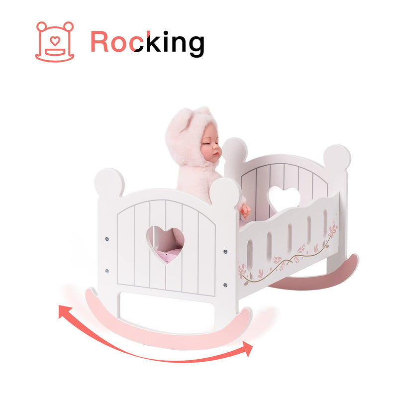 ROBOTIME Wooden Doll Cradle Rocking Baby Doll Crib Reversible Doll Bed For Dolls Girl,Fits Dolls Up To 18 Inches