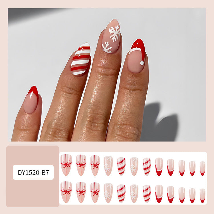 24pcs Christmas False Nails Hat Striped Snowflake Nail Art Stickers For Parties Dances Or Holiday Wear