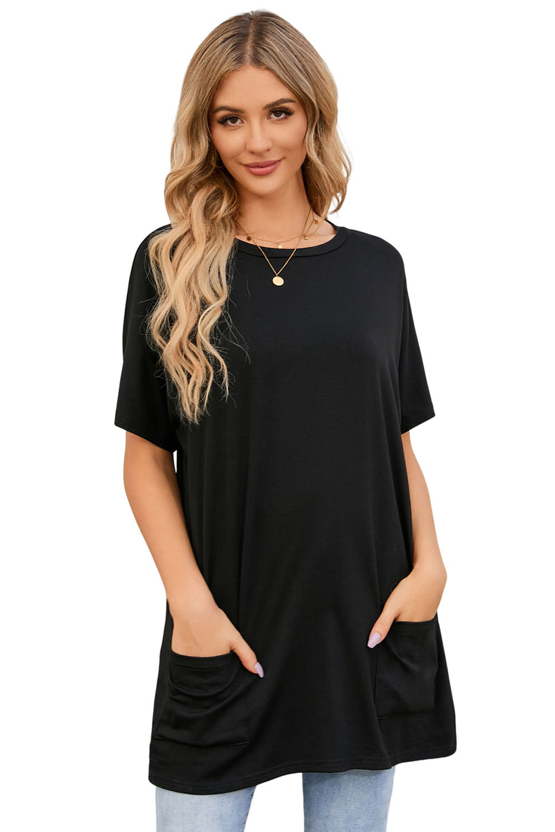 Black Side Pockets Short Sleeve Tunic Top