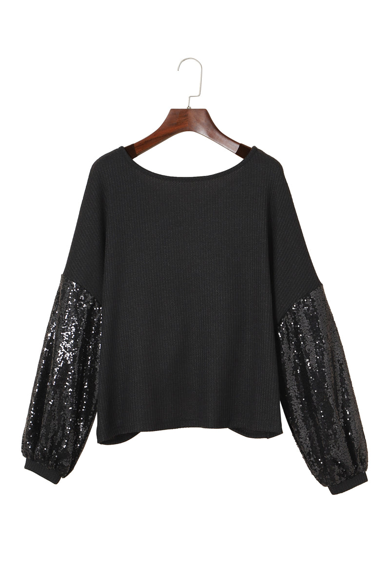 Black Sequin Patchwork Sleeve Open Back Waffle Knit Top