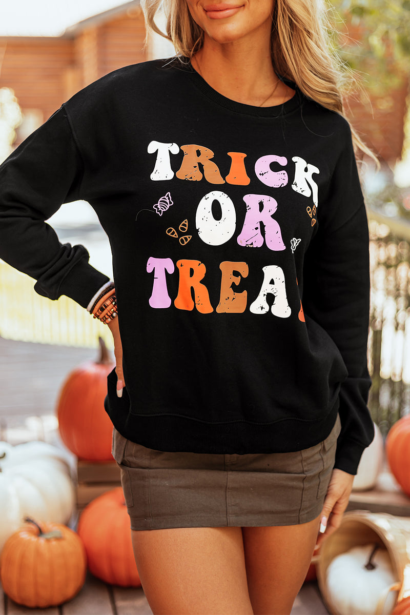 Black TRICK OR TREAT Graphic Crewneck Halloween Sweatshirt